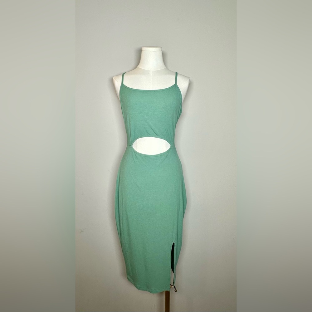 Green Stretch Strappy Casual Cutout Dress, Women's Large